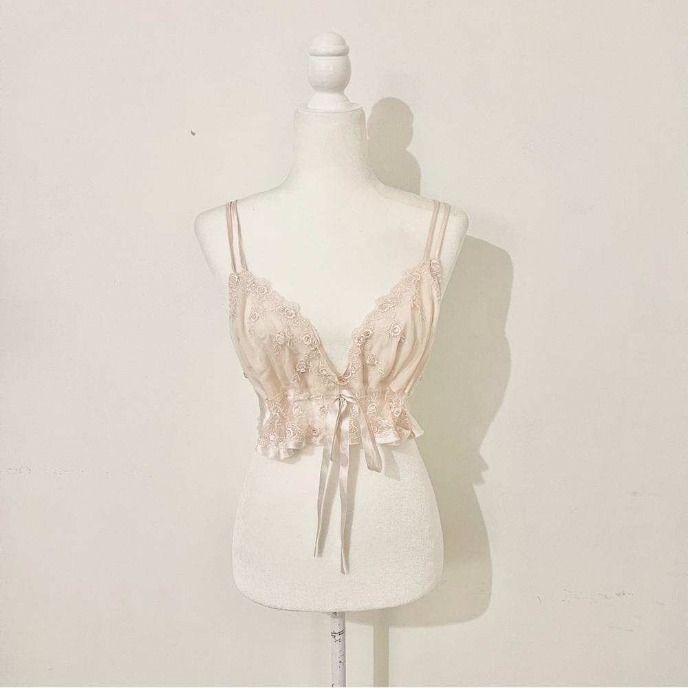 vintage delicate pink mesh eyelet ribbon crop top with sequins